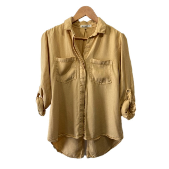 HARPER XS mustard shacket button down blouse roll tan sleeve split hem flowey - Picture 1 of 11